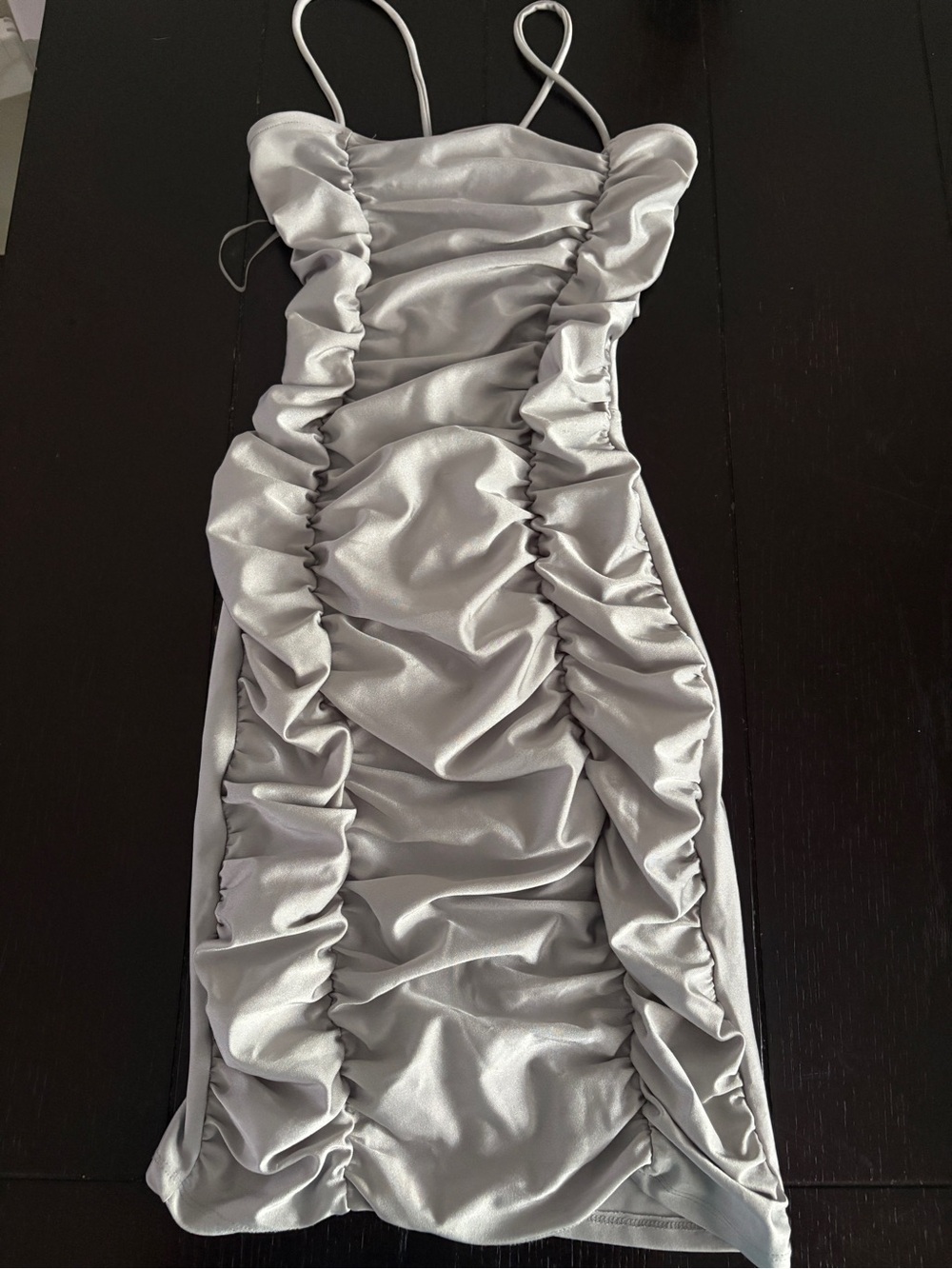 Silver Ruched Satin Bodycon Dress